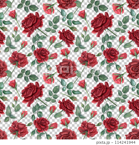 Deep red roses. Ruby flowers and green leaves on stems. Blooming summer garden flowers with buds. Watercolor illustration for wedding design, memorial day, mother day and birthday decor 114241944