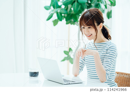 カフェで仕事をする女性。 114241966