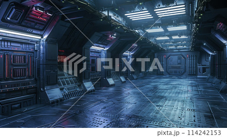 Dark corridor in futuristic spaceship, spacecraft interior with equipment like in scifi movie. Concept of future, space, industrial room, background. 114242153
