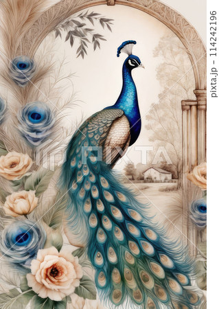A vintage abstract art background with peacock sperched on a blossoming tree branch. 114242196