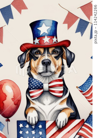 Puppy with an American flag celebrates 4th of July Independence Day in watercolor style. 114242266