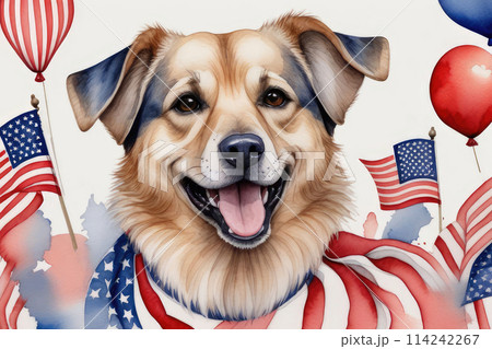 Puppy with an American flag celebrates 4th of July Independence Day in watercolor style. 114242267