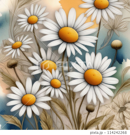 Watercolor composition collage of hand drawn nature motifs and cute daisies flowers. 114242268