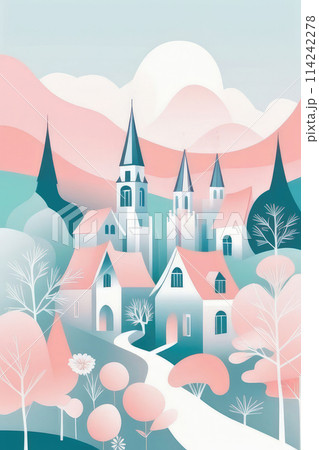 Landscape with Village in a Blossoming Floral Landscape. 114242278