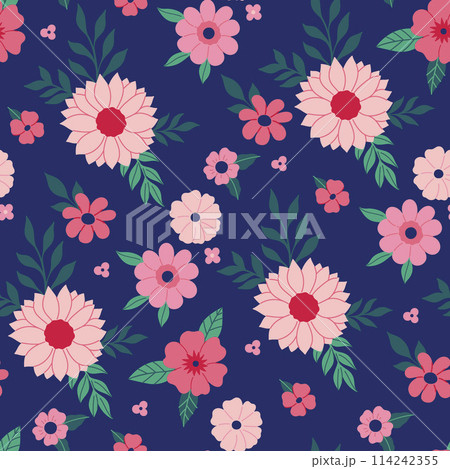 Seamless pattern of pink flowers on a blue background. Vector graphics. Seamless pattern of pink flowers on a blue background. Vector graphics. 114242355