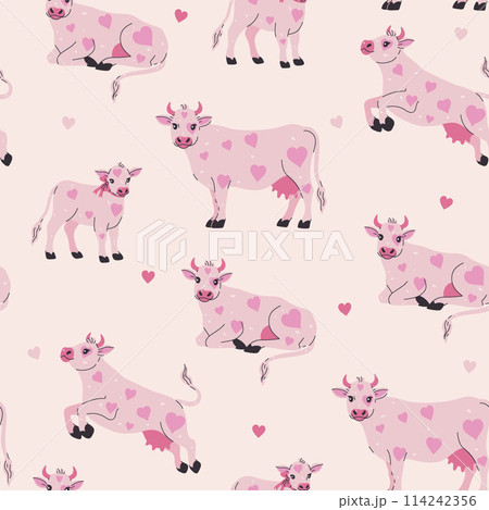 Seamless pattern of cute cows with pink heart-shaped spots. Vector graphics. 114242356