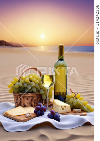 Sunset picnic white wine, grapes and cheese, on beautiful sea sand beach. 114242366