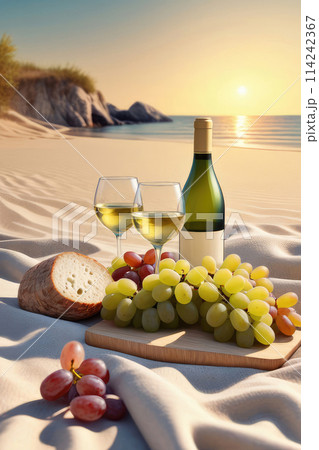 Sunset picnic white wine, grapes and cheese, on beautiful sea sand beach. 114242367