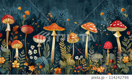 Magic mushrooms in the forest. Folk style. Magic mushrooms in the forest. Folk style. 114242798