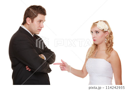 Wedding couple having argument conflict, bad relationships Wedding couple having argument conflict, bad relationships 114242935
