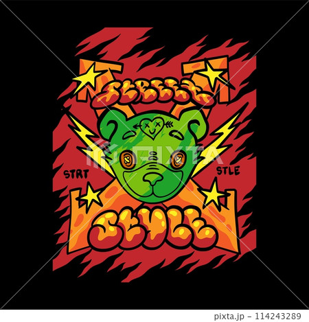 Bear print. Graphic boy design with cool slogan. T-shirt typography. Urban street art. Punk rock teddy muzzle. Grunge tee. Crazy animal face. Trendy clothing. Vector streetwear fashion 114243289