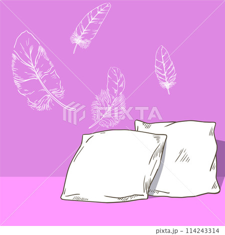 Pillow sketch. Bedroom soft cushions heap. Flying feathers. Outline comfortable bedding. Nighttime home sleep. Domestic bedtime relaxation. Cotton pillowcase. Sweet dream vector card 114243314