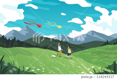 Forest background. Children fly kite into sky. Flying toy. Kids play game. Mountains and clouds. Grassland flowers. Hill scenery of outing travel. Running boys. Vector nature landscape Forest background. Children fly kite into sky. Flying toy. Kids play game. Mountains and clouds. Grassland flowers. Hill scenery of outing travel. Running boys. Vector nature landscape 114243317