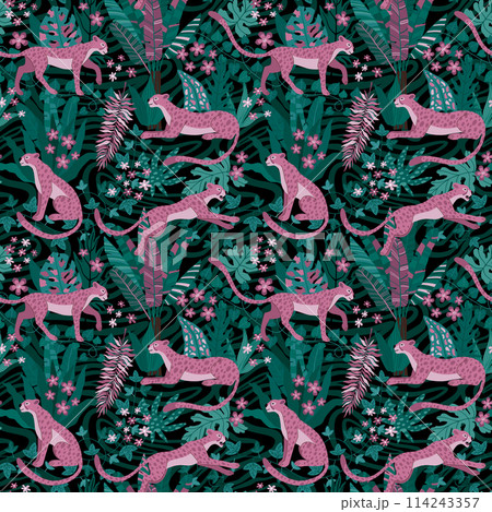Tropic pattern. Jungle animal print with african leopard or tiger, safari plant leaf and flowers, fashion pink jaguar. Decor textile, wrapping paper, wallpaper. Vector seamless background Tropic pattern. Jungle animal print with african leopard or tiger, safari plant leaf and flowers, fashion pink jaguar. Decor textile, wrapping paper, wallpaper. Vector seamless background 114243357