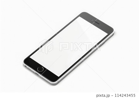 An iPhone with a blank white screen rests elegantly on a smooth white surface, creating a minimalist and modern aesthetic. 114243455
