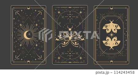 Tarot reverce border magic sacred cover card frame gold line border celelstial mystery esoteric decoration with moth stars and moon on dark background. 114243458