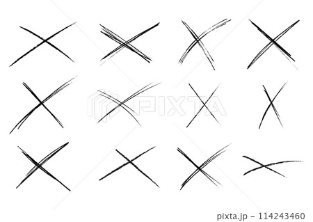 Cross sketch grunge scribble set X shape sign, mark on white background. Strikethrough textured brush charcoal or marker hand drawn lines. 114243460