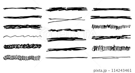 Underlines emphasis set brush stroke, marker lines grunge curve, wavy marks textured simple borders strikethrough isolated on white background. Creative collection scribble brush or crayon checks 114243461