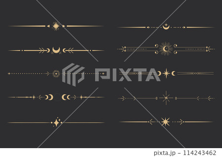 Golden divider celestial border with stars moon and sun thin line elegant simple decoration, mystic tarot separator, minimalist magic gold design element on dark background Golden divider celestial border with stars moon and sun thin line elegant simple decoration, mystic tarot separator, minimalist magic gold design element on dark background 114243462