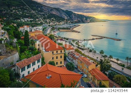 Stunning waterfront buildings view at sunrise, Menton, France Stunning waterfront buildings view at sunrise, Menton, France 114243544