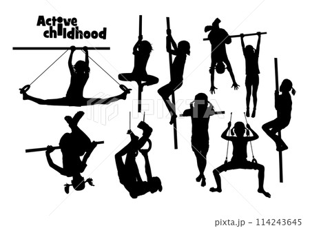 silhouette of a girl on rings. Active childhood. hand drawing. Not AI, Vector illustration silhouette of a girl on rings. Active childhood. hand drawing. Not AI, Vector illustration 114243645