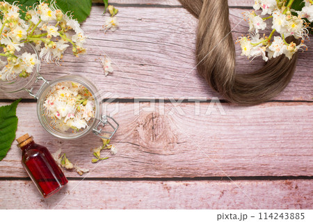 The chestnut flower extract, chestnut flower and hair isolated on a wooden background. Hairloss concept. Flat lay The chestnut flower extract, chestnut flower and hair isolated on a wooden background. Hairloss concept. Flat lay 114243885