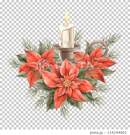 Poinsettia, fir branch, candle in a copper candlestick. Watercolor illustration in vintage style. Floral and plant trend. Drawing for invitations, cards, banners, wrapping paper, wallpaper, decor 114244001