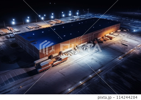 Night aerial view of a warehouse by Generative AI 114244284
