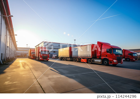 In front of industrial buildings and warehouses with long cargo trucks by Generative AI In front of industrial buildings and warehouses with long cargo trucks by Generative AI 114244296