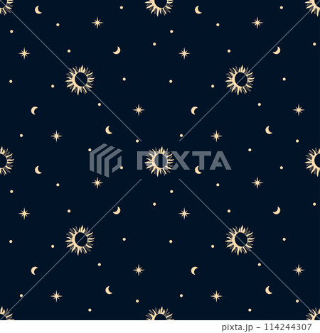 Seamless celestial pattern with crescent moon and sun and stars. Boho magic background 114244307