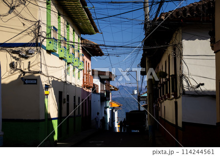 Beautiful streets at the historical downtown of the heritage town of Salamina located at the Caldas department in Colombia. Tangle of cables. 114244561