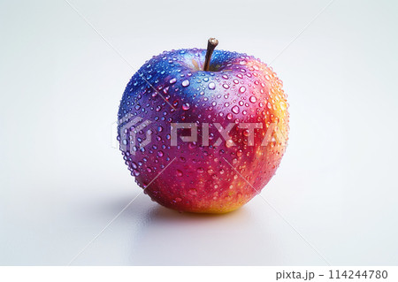 colored apple with metallic shade skin covered with water drops on a white background 114244780