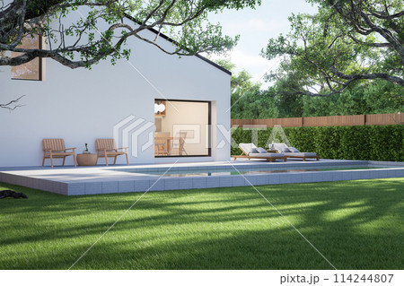 Minimal style white house with concrete tile swimming pool 3d render Minimal style white house with concrete tile swimming pool 3d render 114244807