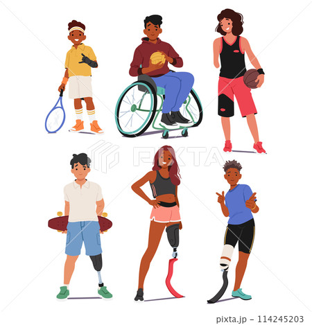 Joyful Children With Prosthetics And In Wheelchairs Actively Participating In Sports. Disabled Boys and Girls 114245203