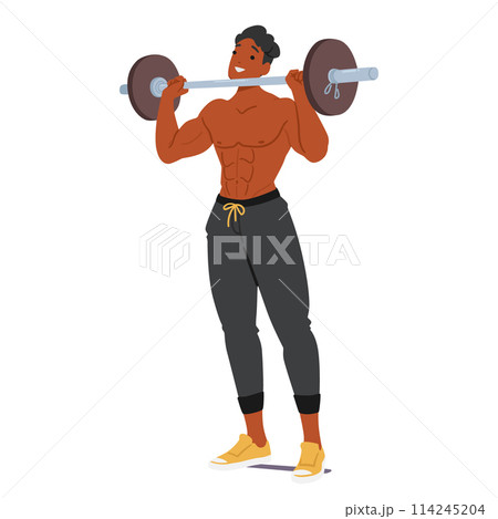 Bodybuilder Confidently Lifting A Barbell, His Defined Muscles And Overall Strong Physique Evident, Vector 114245204