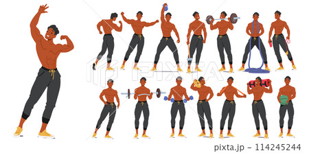 Happy, Muscular Bodybuilder Man Doing Exercises. Athlete Showcase Sculpted Physique Through Precise Poses, Vector Set Happy, Muscular Bodybuilder Man Doing Exercises. Athlete Showcase Sculpted Physique Through Precise Poses, Vector Set 114245244
