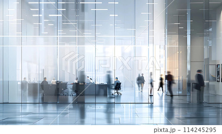 Background image of modern office space with blurred businessman working behind glass wall, generated AI 114245295