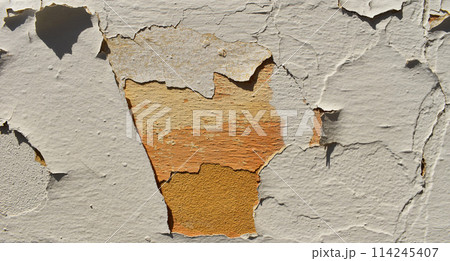 Dusty peeling paint wall background, texture of a concrete old wall with stains and cracks 114245407