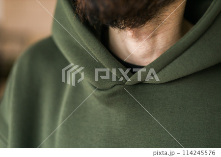Close-up of cotton sweatshirt fabric texture clothes - design clothes tailoring and youth fashion concept Close-up of cotton sweatshirt fabric texture clothes - design clothes tailoring and youth fashion concept 114245576