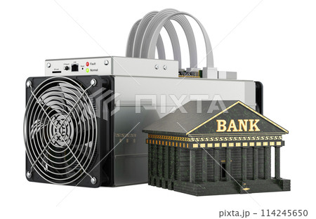 ASIC miner with bank building, 3D rendering 114245650