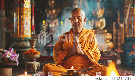 Buddhist Monk in deep meditation, surrounded by burning candles, in etting of a traditional Buddhist temple. Religion, traditional eastern meditation, prayer, spiritual practice 114245733