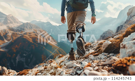 Brave traveler with prosthetic legs overcomes mountain path, personifying perseverance and strength, close-up of man's legs. Active lifestyle with disability, movement and perseverance, adventure 114245743