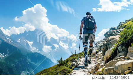 Brave hiker with prosthetic legs, backpack and trekking poles overcomes mountain trail, embodying resilience and strength. Active lifestyle with disability, movement perseverance, adventure, travel Brave hiker with prosthetic legs, backpack and trekking poles overcomes mountain trail, embodying resilience and strength. Active lifestyle with disability, movement perseverance, adventure, travel 114245901