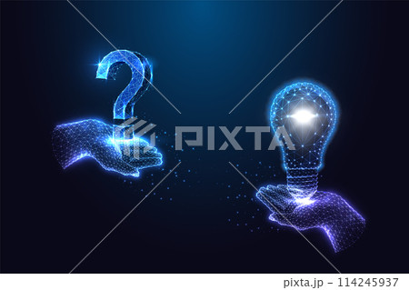 Questions and answers concept, creativity, innovation, futuristic thinking on dark blue background 114245937
