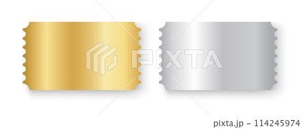 Gold and silver ticket mockups. Shining metallic raffle, winning lottery, VIP coupon offer, jackpot lotto templates. Entrance or seating cards in exclusive luxury style. Vector realistic illustration 114245974