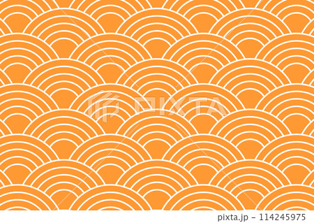 Orange arch shapes. Repeating suns wallpaper. Japanese seigaiha pattern. Sea or ocean waves background. Scallops print. Fish squama or dragon scale. Simple geometric ornament. Vector illustration 114245975