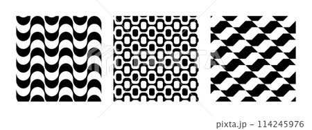 Copacabana, Ipanema and Sao Paulo boardwalk patterns. Famous beach promenades in Brazil. Repeating black and white wave textures in Portuguese pavement style. Vector graphic illustration 114245976