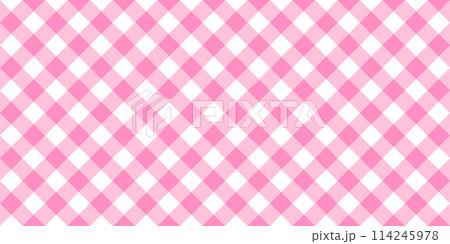 Pink and white diagonal gingham pattern. Textile design for teenage or baby girl. Tablecloth, picnic plaid, basket napkin, towel or handkerchief print. Checkered background. Vector flat illustration 114245978