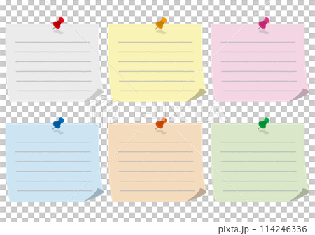 Set of illustrations of colored lined notepads with pins Set of illustrations of colored lined notepads with pins 114246336