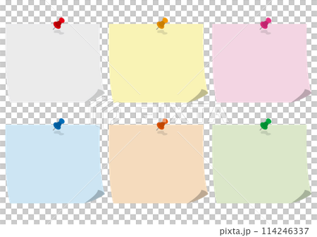 ダルマピンで刺した色付きのメモ帳のイラストのセット ダルマピンで刺した色付きのメモ帳のイラストのセット 114246337